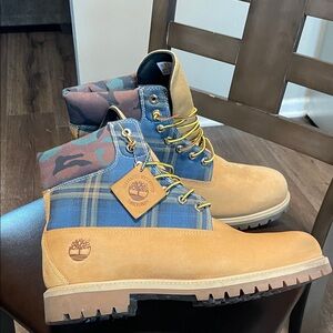 Timberland Wheat Nubuck Blue Plaid & Camo Collar Boots